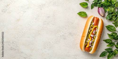 Fast food, A delicious hot dog topped with mustard and onions, set against a light background with fresh herbs.