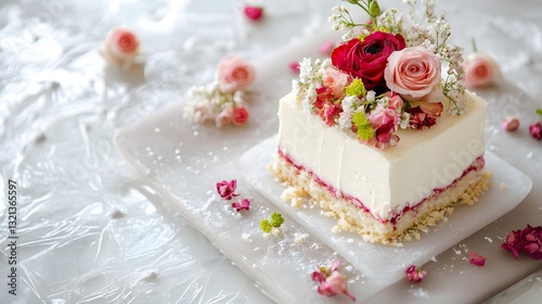 Beautiful white cake with pink flowers on top is displayed on a white plate. The cake is cut into a square shape and is placed on a white table. The pink flowers are scattered around the cake