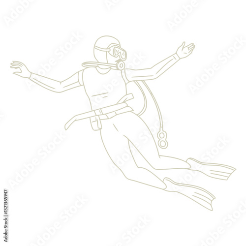Ocean Explorer's Descent: An outline illustration captures a diver in mid-descent, arms outstretched, equipment meticulously detailed.