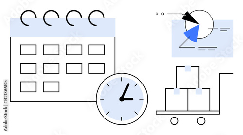 Calendar, clock, pie chart with analytics, and cart of boxes representing scheduling, time management, and logistics processes. Ideal for productivity, deadlines, project management supply chain