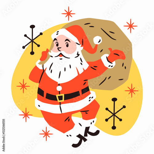 Santa's Jolly Journey: A cheerful illustration of Santa Claus, full of festive spirit, bearing a heavy sack. Surrounded by starbursts and snowflakes, he brings holiday cheer.