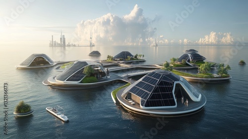 Sustainable living concept: a futuristic floating city powered by renewable energy