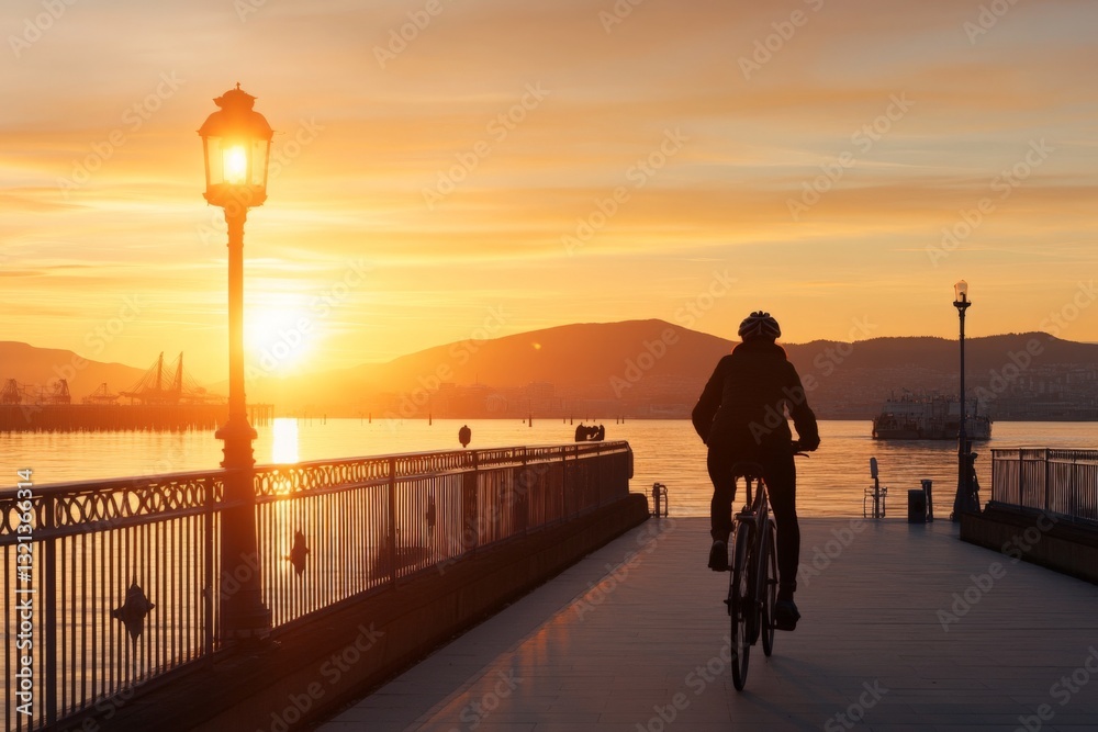 Fototapeta premium Biking along the waterfront during sunset over the mountains in a tranquil setting