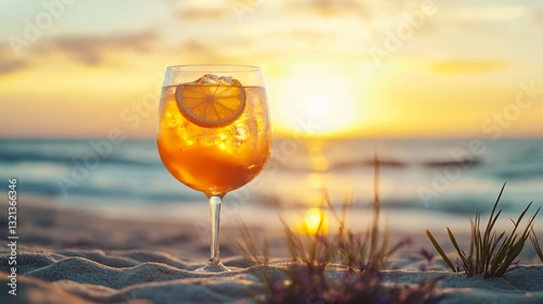 Golden-hour photograph of a lavender lemon spritz on a sandy beachside table, with a sunset reflecting in the glass