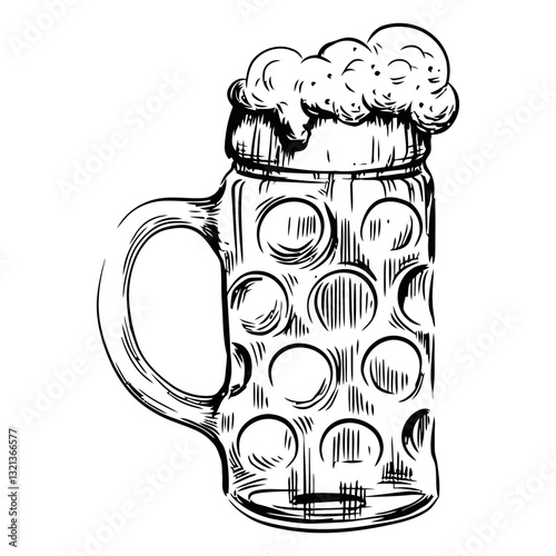 Refreshing Draught in a Tankard: A detailed illustration captures the essence of a classic stein, overflowing with a frothy, freshly poured beverage. A perfect depiction of refreshment and relaxation.