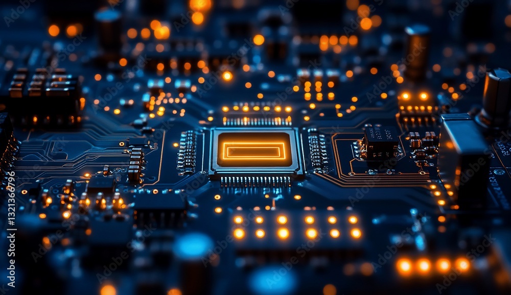 Obraz premium Lit processor on PCB showcases technology in circuitry, digital design concept