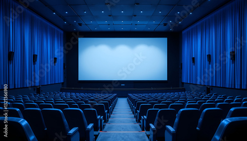 Blue screen at the back of an empty auditorium, seats neatly arranged, stage ready for action
empty cinema auditorium