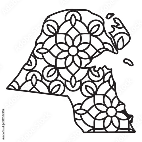 Kuwait Mandala: A geometric floral mandala design embellishes the outline of Kuwait, blending cultural artistry with geographical representation.