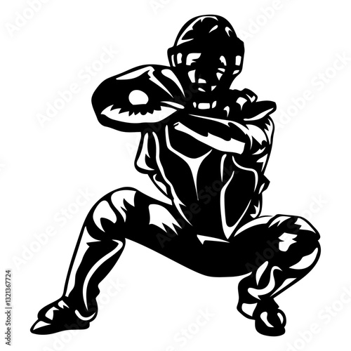 Baseball Catcher Silhouette: A dynamic black and white illustration of a baseball catcher, poised and ready, embodying focus, skill, and the thrill of the sport.