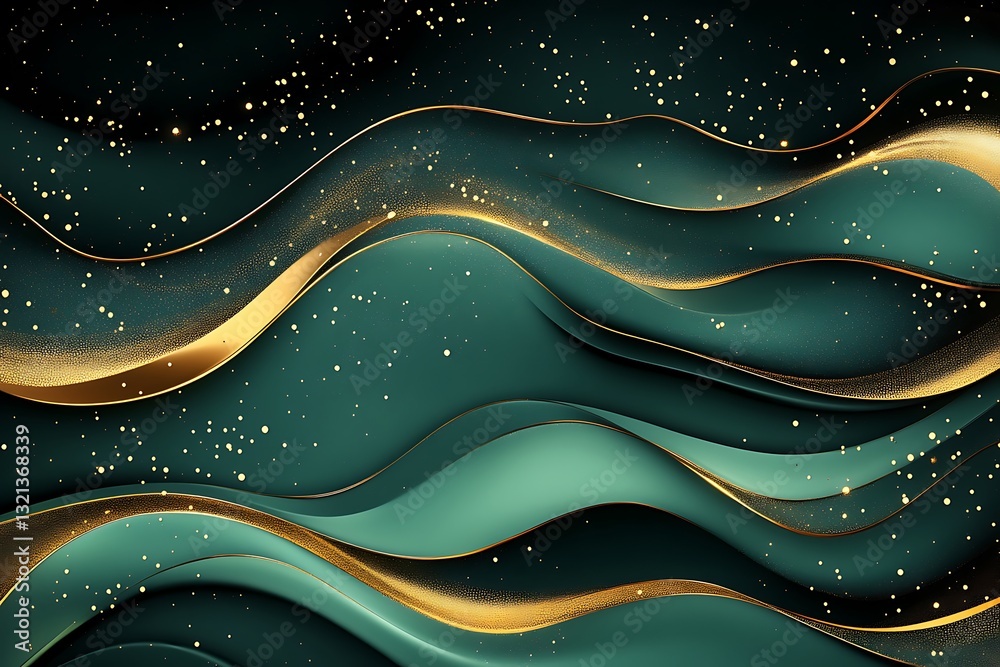 Abstract emerald green and gold waves with glitter. Abstract emerald green and gold waves with glitter.
