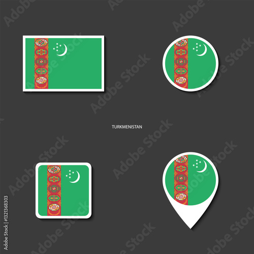 Turkmenistan flag icon set in different shape (rectangle, circle, square and marker icon) on dark grey background. Turkmenistan sticker icon collection on barely dark background	
