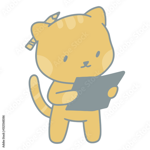 Cute Cat Illustrator: An adorable cartoon cat, with a pencil atop its head, holds a notepad, perfect for illustrating the creativity and artistry of design.