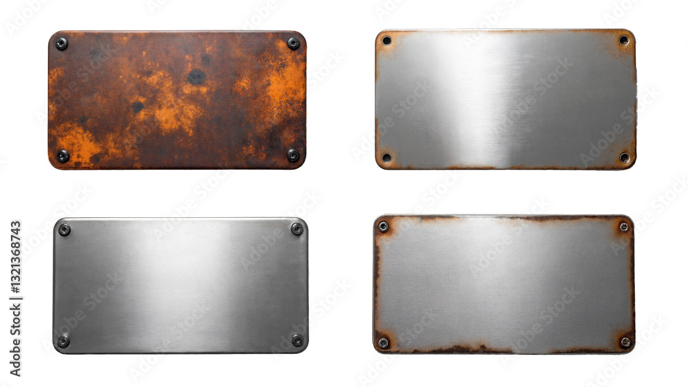 Four Distinct Metallic Plates with Unique Textures and Finishes Isolated on Transparent Background for Commercial Use Four Distinct Metallic Plates with Unique Textures and Finishes Isolated on Transparent Background for Commercial Use