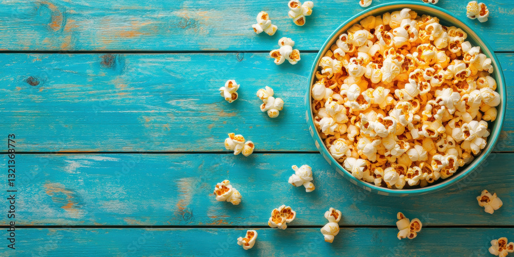 Fast food, Bowl of popcorn on a turquoise wooden surface with scattered pieces around it. Fast food, Bowl of popcorn on a turquoise wooden surface with scattered pieces around it.