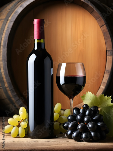 In wine cellar. Composition of wine bottle and runlet