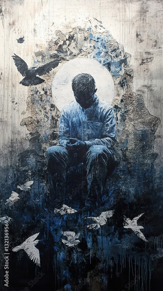 Obraz premium Solitude and Contemplation: A Figure Amidst Birds and Ruins