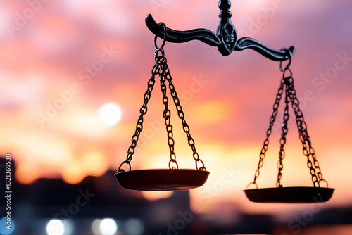 Scales of justice silhouette against sunset backdrop  City lights blurred in background photo