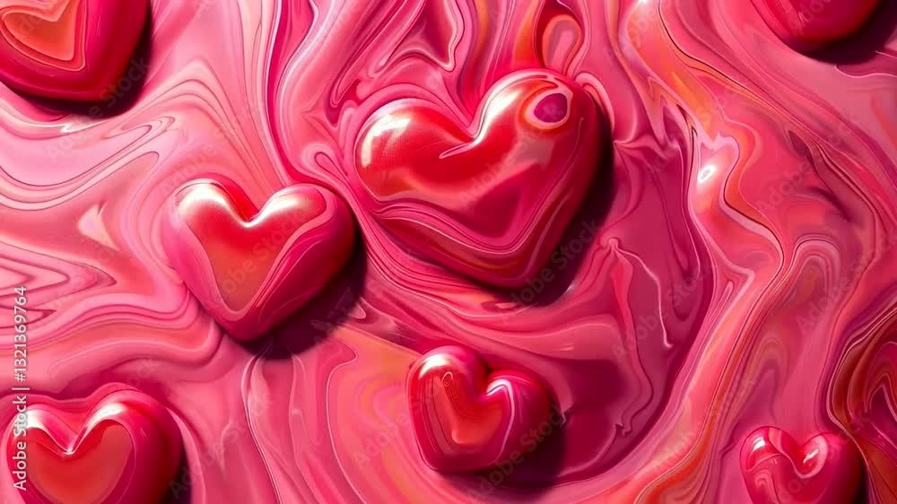 Glossy red hearts on swirling pink background, romantic love concept, perfect for Valentine's Day or anniversary celebrations Glossy red hearts on swirling pink background, romantic love concept, perfect for Valentine's Day or anniversary celebrations