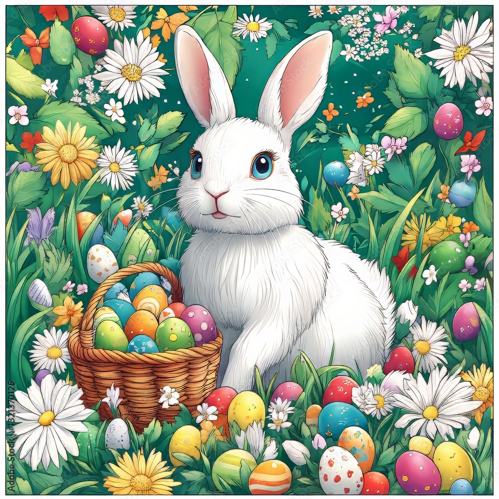 Fototapeta premium An Easter bunny with a basket, hidden colored eggs. Generative AI