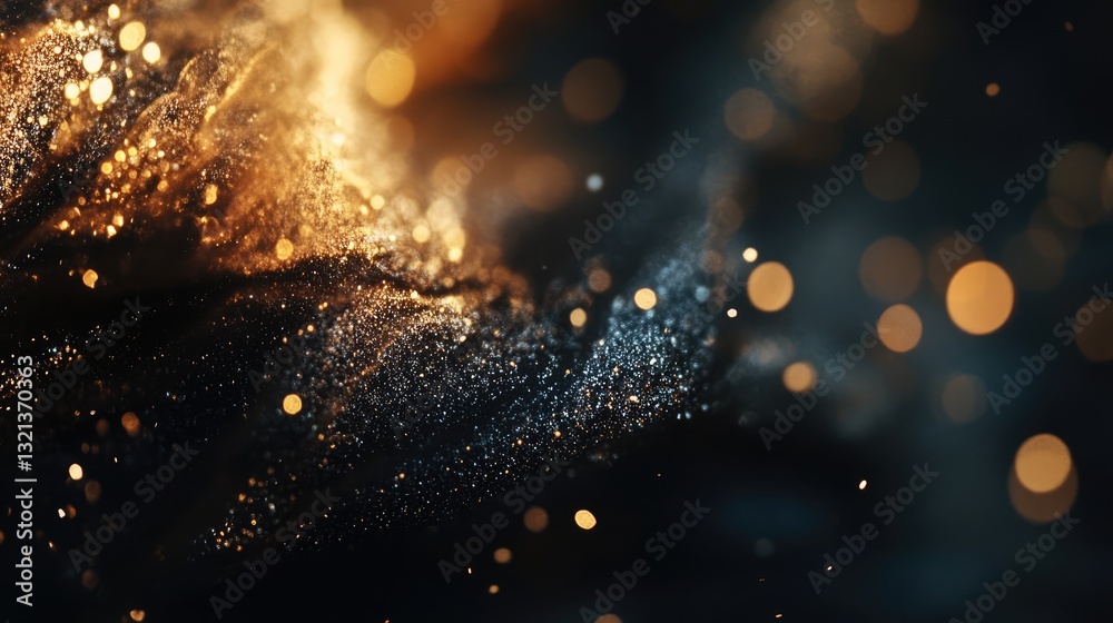 Naklejka premium Abstract golden and black swirling patterns with shimmering particles creating a mystical atmosphere