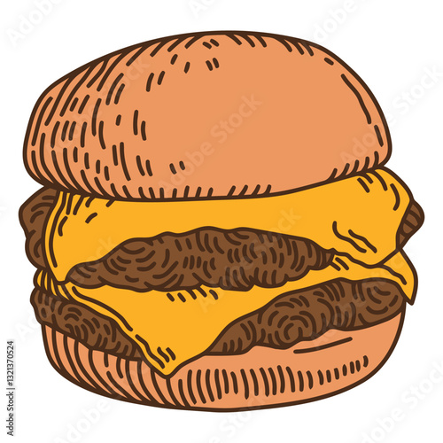 Burger with cheese illustration: A detailed illustration of a classic burger with melted cheese