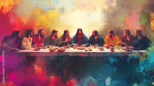 The Last Supper: A Watercolor Biblical Illustration Depicting Jesus and His Disciples on Maundy Thursday from the New Testament
