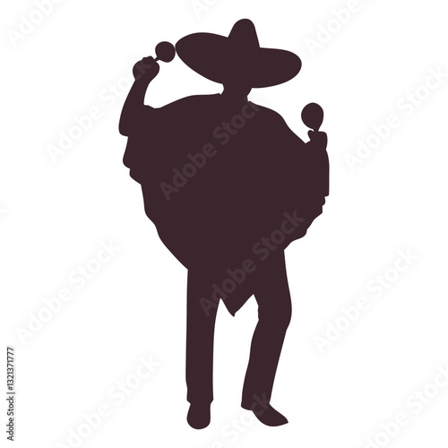 Mariachi Silhouette: A silhouette captures the essence of a mariachi musician in full traditional attire, personifying cultural heritage. Holding maracas, this figure is ready to perform.