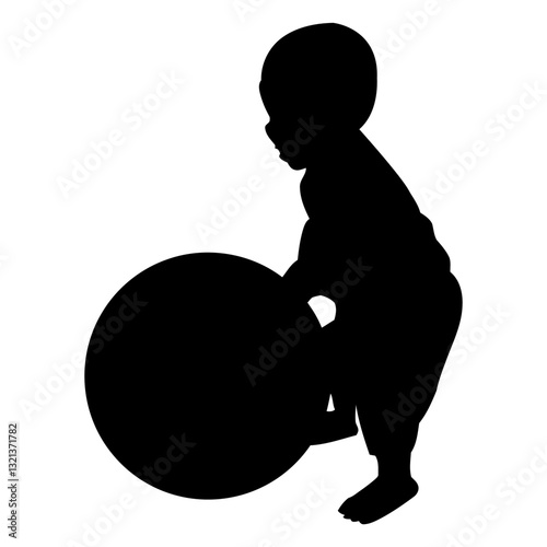 Silhouette of Baby and Ball: A charming silhouette of a baby playing with a large ball. Captured in black and white, it evokes a sense of innocent playfulness.