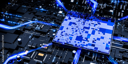Fototapeta Naklejka Na Ścianę i Meble -  Powerful AI processor on futuristic circuit board, advanced microchip technology, digital background, innovation in artificial intelligence, electronic hardware, 3d rendering