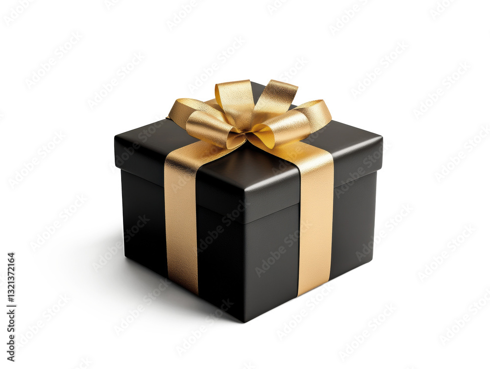 A side view of luxury golden and black gift box with a shiny ribbon, realistic textures, soft shadows, placed on a white background. A side view of luxury golden and black gift box with a shiny ribbon, realistic textures, soft shadows, placed on a white background.