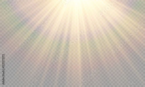 Vector transparent yellow sunlight lens flare effect. Radiant sun rays. Warm glow. Natural glare. High-quality light burst for design and photo overlay.	