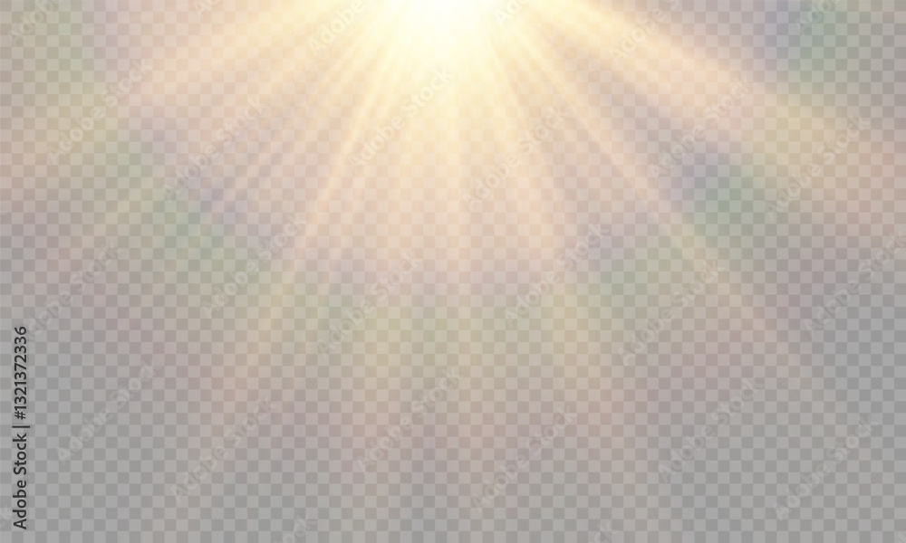 Vector transparent yellow sunlight lens flare effect. Radiant sun rays. Warm glow. Natural glare. High-quality light burst for design and photo overlay.	