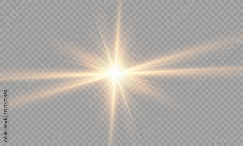 Vector transparent yellow sunlight lens flare effect. Radiant sun rays. Warm glow. Natural glare. High-quality light burst for design and photo overlay.	