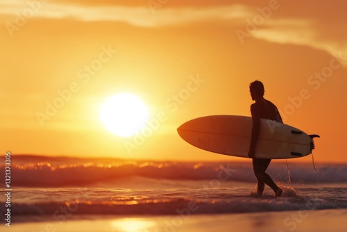 Surfer walks along the shoreline against a stunning sunset backdrop in a coastal paradise