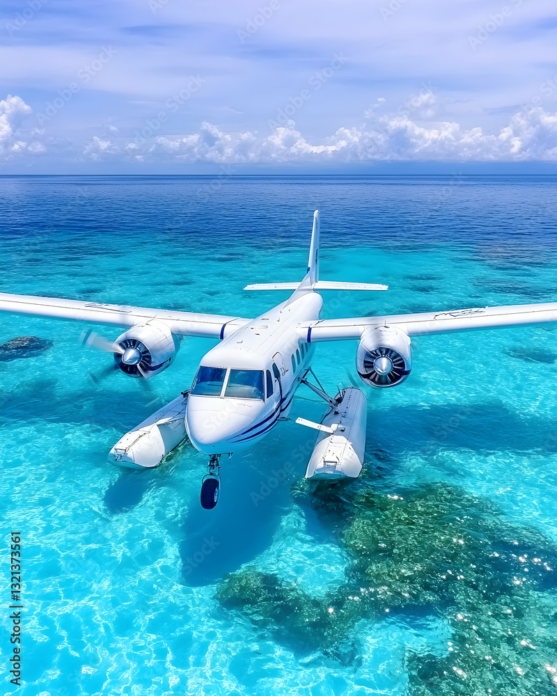 Naklejka premium Seaplane floats on vibrant turquoise water under a bright sky