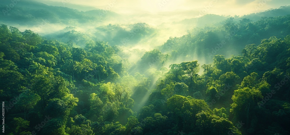Sunlit Canopy, A Lush Green Forest Bathed in Mystical Morning Haze Sunlit Canopy, A Lush Green Forest Bathed in Mystical Morning Haze