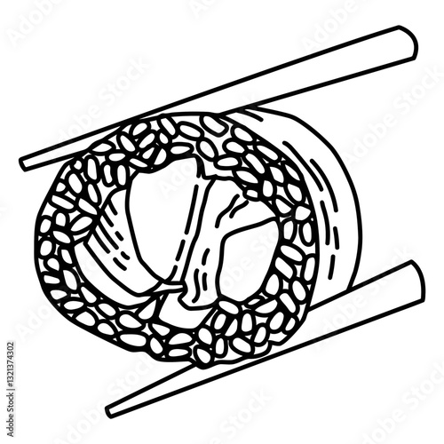 Sushi Roll with Chopsticks: An artistic and appetizing illustration showcasing a single sushi roll, elegantly held by a pair of chopsticks.
