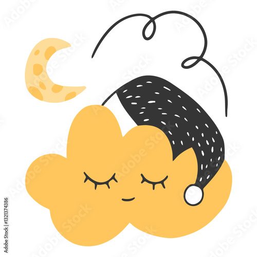 Dreamy Slumber: A whimsical, digitally illustrated cloud dozes peacefully beneath a crescent moon, embracing the essence of tranquility and sweet dreams.
