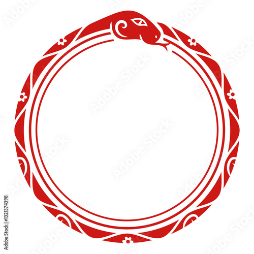 Ouroboros Symbolic Emblem: A stylized, elegant rendition of Ouroboros, the ancient symbol of a serpent devouring its tail, rendered in bold red, conveying concepts of infinity and cycles.