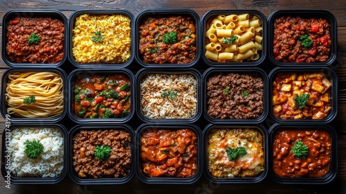 A selection of frozen ready meals featuring an assortment of dishes including lasagna, curry, and stir-fries, displayed from an overhead perspective in a neat arrangement photo
