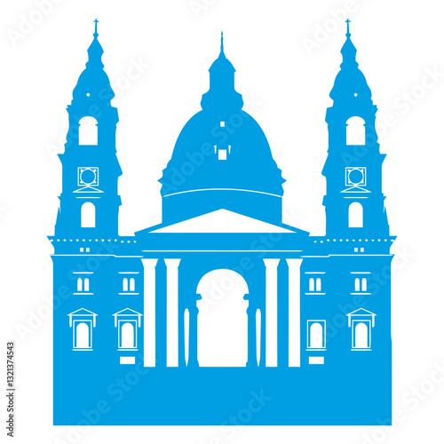 Architectural Silhouette: A clean, stylized silhouette of a majestic building against the light blue, evokes a sense of history, grandeur, and spiritual devotion.
