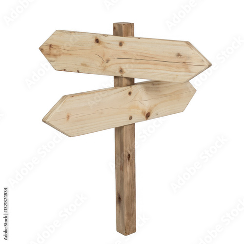 Wooden directional signpost, rustic design with two arrows pointing opposite directions, ideal for guiding or decorating outdoors. Isolated on white background or PNG