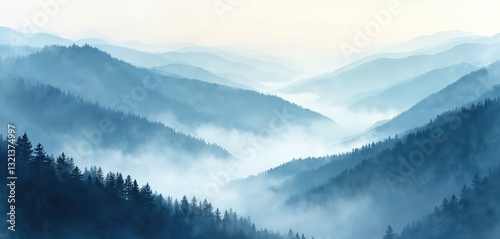 Watercolor illustration of mountain landscape with fog. Panoramic view layers mountains with forest in blue mist. Serene nature scenery background for calm positive vibe, zen mood.