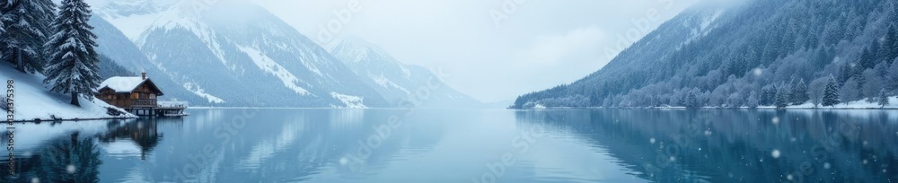 Snowflakes gently fall on Lake St Moritz's calm waters, white snow, serene landscape, calm atmosphere Snowflakes gently fall on Lake St Moritz's calm waters, white snow, serene landscape, calm atmosphere