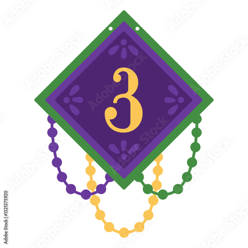 Mardi Gras Garland: A festive Mardi Gras garland, composed of iconic purple, gold, and green beads, and adorned with a number three, representing the joy and spirit of the celebration.