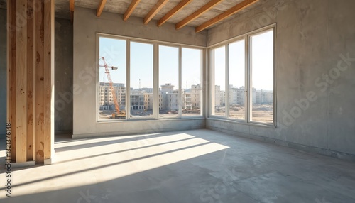 Modern apartment under construction with large windows overlooks construction site. New interior with concrete walls, wooden beams, sunlight, indoor nobody. Empty room floor for renovation, property