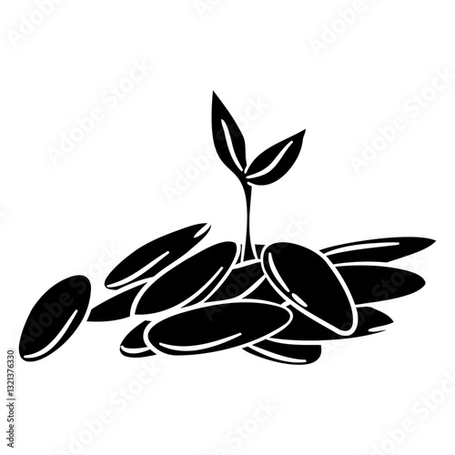Sprout of New Life: A black and white line art showcases the start of new life with a single sprout emerging from a pile of seeds, a symbol of hope and fresh beginnings.