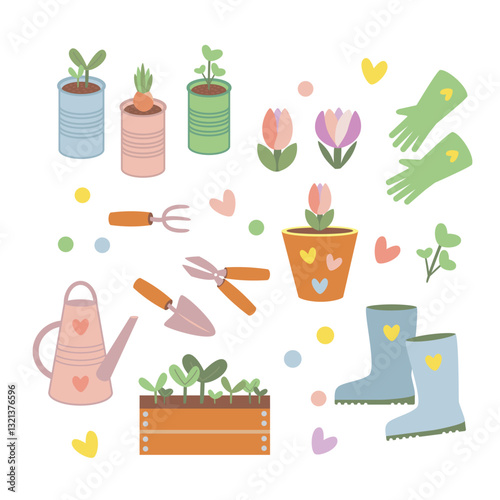 Vector illustration of gardening tools, potted plants, and flowers in soft pastel colors for eco-friendly designs