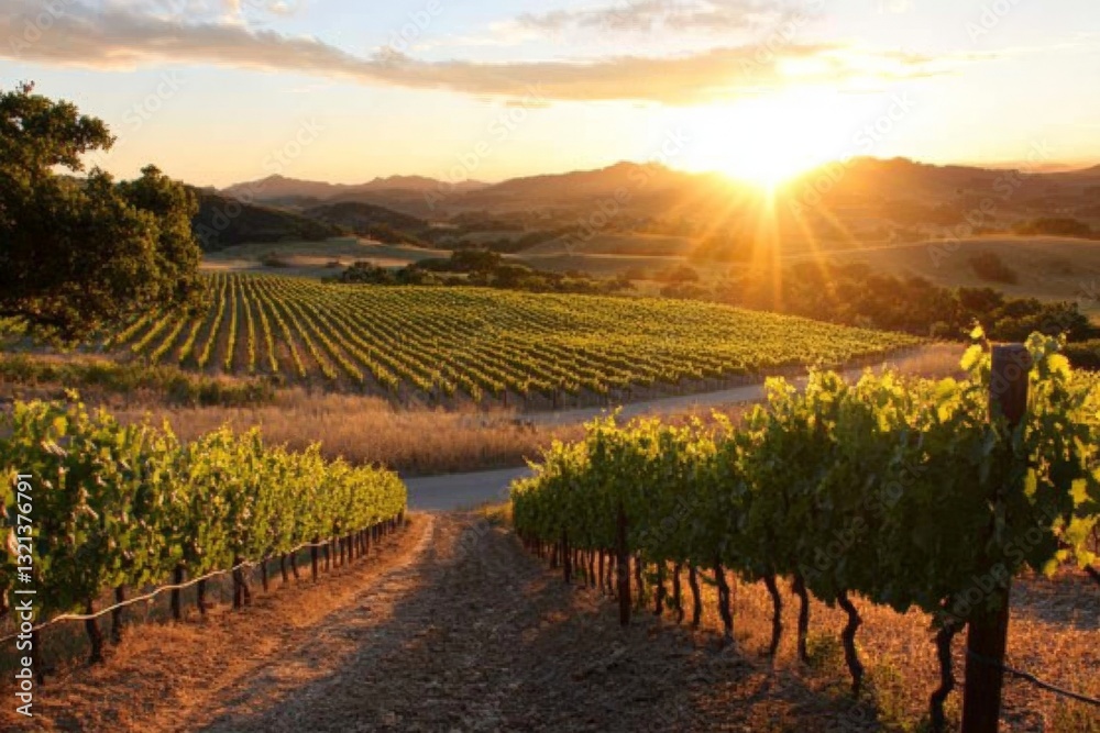 Fototapeta premium Sunset over vineyards in rolling hills creates a picturesque landscape in a serene location