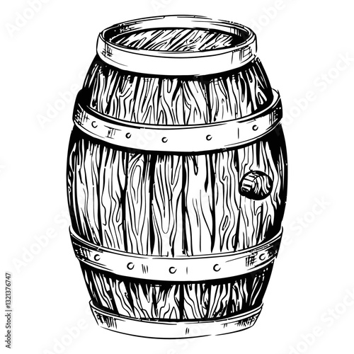 Vintage Barrel Illustration: a traditional, antique wooden barrel, rendered in a detailed, hand-drawn illustration style, showcasing its weathered texture and rustic charm.